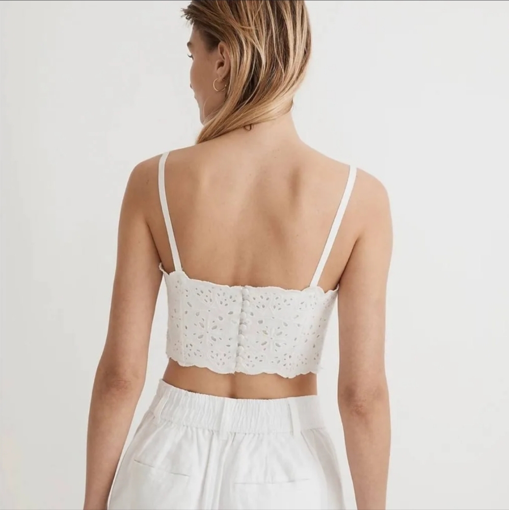 Madewell Eyelet Linen-Blend Crop Tank Top in Cream, Size 12 - Picture 3 of 11